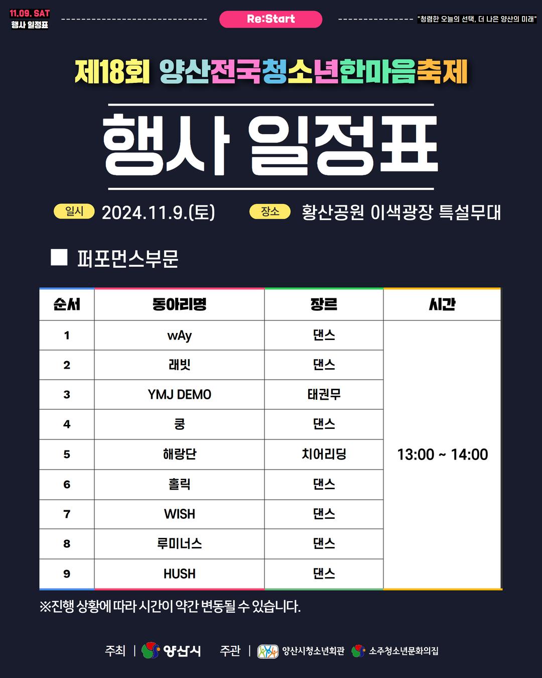 제18회 양산전국청소년한마음축제 행사 일정표