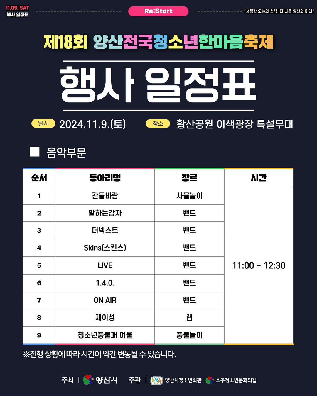 제18회 양산전국청소년한마음축제 행사 일정표