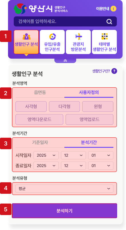 사용자정의 분석기간 생활인구 분석 조회 화면