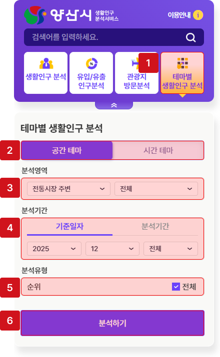 일자기준 공간 테마 인구분석 조회 화면