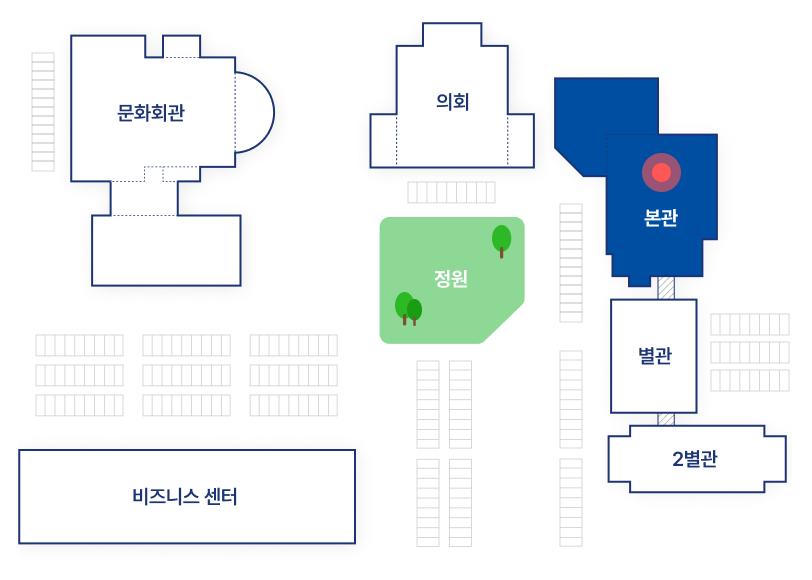 정문을 기준으로 왼쪽부터 문화회관,비즈니스 센터, 의회, 본관, 별관, 2별관이 배치되어있습니다. 현 이미지는 본관을 표시합니다.