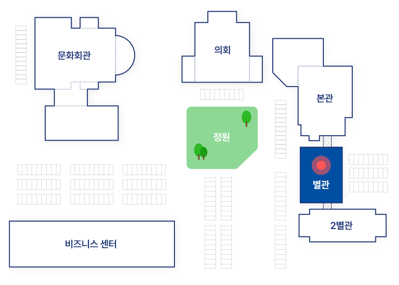 정문을 기준으로 왼쪽부터 문화회관, 비즈니스 센터, 의회, 본관, 별관, 2별관이 배치되어있습니다. 현 이미지는 별관을 표시합니다.