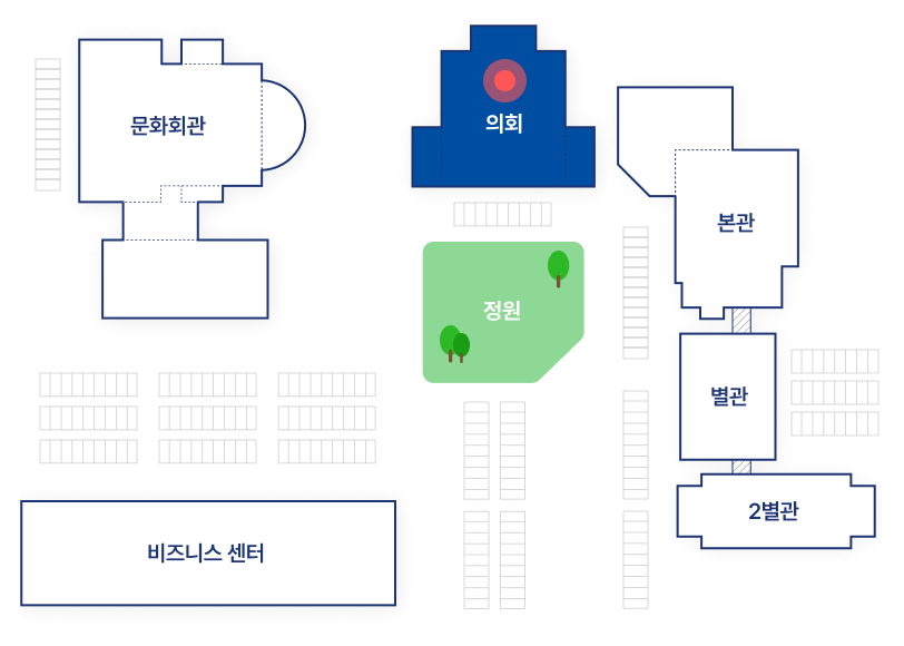 정문을 기준으로 왼쪽부터 문화회관, 의회, 본관, 별관, 2별관건물이 배치되어있습니다. 현 이미지는 의회를 표시합니다.