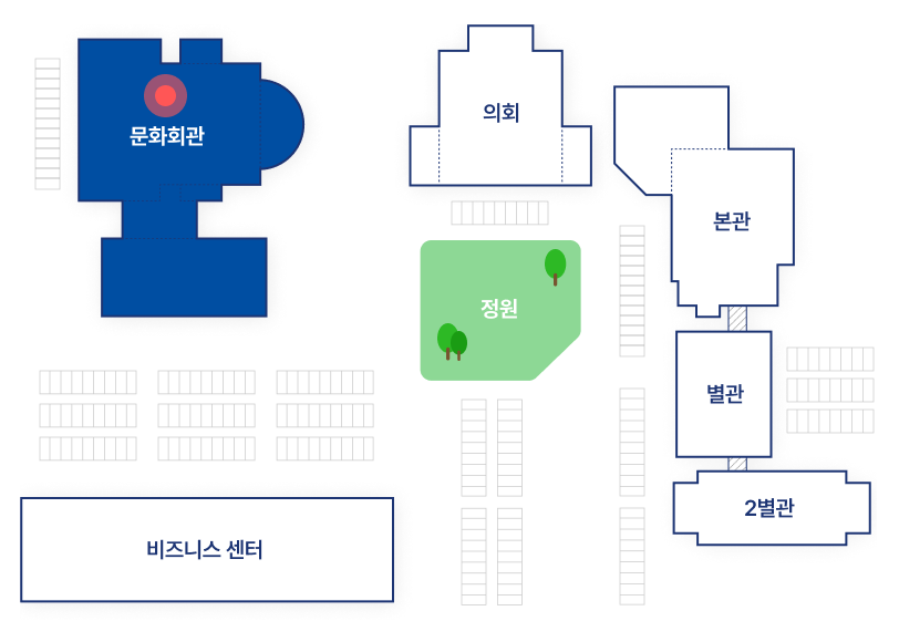 정문을 기준으로 왼쪽부터 문화회관,비즈니스 센터, 의회, 본관, 별관, 2별관건물이 배치되어있습니다. 현 이미지는 문화회관를 표시합니다.