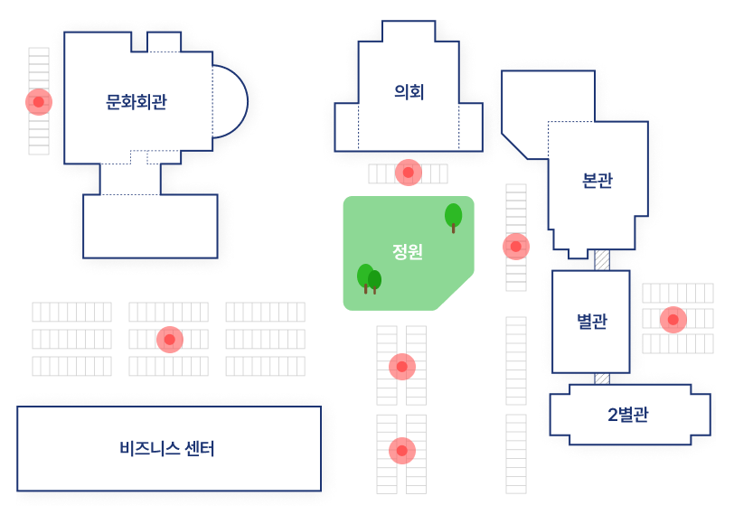 정문을 기준으로 왼쪽부터 문화회관,비즈니스 센터, 의회, 본관, 별관, 2별관건물이 배치되어있습니다. 주차장은 문화회관 앞, 의회 앞, 본관 앞, 비즈니스 센터 앞, 별관 앞과뒤, 2별관 왼쪽에 있습니다.