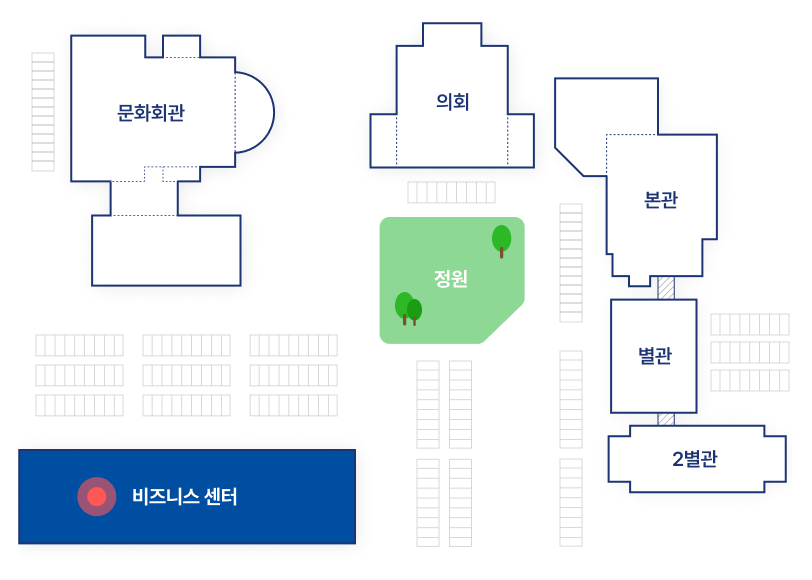 정문을 기준으로 왼쪽부터 문화회관,비즈니스 센터, 의회, 본관, 별관, 2별관건물이 배치되어있습니다. 주차장은 문화회관앞, 의회앞, 본청앞, 별관 앞과뒤, 2별관 왼쪽에 있습니다.