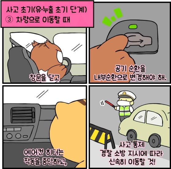 사고 초기(유&middot;누출 초기 단계) 차량으로 이동할 때 - 창문을 닫고 공기 순환을 내부순환으로 변경해야 해. 에어컨 히터는 작동을 중단하고, 사고 통제 경찰 소방 지시에 따라 신속히 이동할 것!