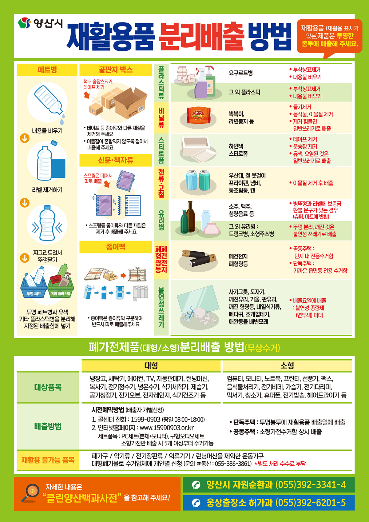 양산시 재활용품 분리배출 방법
	재활용품(재활용 표시가 있는)제품은 투명한 봉투에 배출해 주세요.
	페트병 : 내용물 비우기 다음 라벨 제거하기 다음 찌그러트려서 뚜껑닫기 다음 투명 페트병과 유색 기타 플라스틱병을 분리해 지정된 배출함에 넣기
	골판지 박스 : 택배 송장스티커, 테이프제거 / 테이프 등 종이류와 다른 재질을 제거해 주세요 / 이물질이 혼합되지 않도록 접어서 배출해 주세요
	신문·책자류 : 스프링등 종이류와 다른 재질은 제거 후 배출해 주세요
	종이팩 : 종이팩은 종이류와 구분하여 반드시 따로 배출해주세요
	플라스틱류
	요구르트병 : 부착상표제거, 내용물 비우기
	그 외 플라스틱 : 부착상표제거, 내용물 비우기
	비닐류(뽁뽁이, 라면봉지 등) : 물기제거, 음식물, 이물질 제거, 제거 힘들면 일반쓰레기로 배출
	스티로폼(하얀색 스티로폼) : 테이프제거, 운송장제거, 유색 오염된것은 일반쓰레기로 배출
	캔류·고철(우산대, 철 옷걸이, 프라이팬, 냄비, 통조림통, 캔) : 이물질 제거 후 배출
	유리병
	소주, 맥주, 청량음료 등 : 병뚜껑과 라벨에 보증금 환불 문구가 있는 경우(슈퍼, 마트에 반환)
	그 외 유리병 : 드링크병, 소형주스병 : 뚜껑 분리, 깨진것은 불연성 쓰레기로 배출
	폐형광등, 폐건전지 : 공동주택 : 단지내 전용 수거함, 단독주택 : 가까운 읍면동 전용 수거함
	불연성쓰레기(사기그릇, 도자기, 깨진유리 ,거울, 판유리, 깨진 형광등, 내열식기류, 뼈다귀, 조개껍데기, 애완동물 배변모래) : 배출요일에 배출 : 불연성 종량제(연두색) 마대
	폐가전제품(대형/소형) 분리배출 방법(무상수거) 안내 표 입니다. 내용은 아래 표로 대체합니다.
	자세한 내용은 클린양산백과사전 을 참고해주세요!
	양산시 자원순환과 (055)392-3341-4
	웅상출장소 허가과(055)392-6201-5